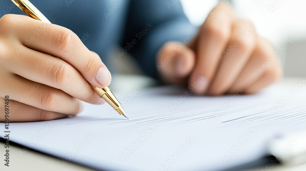 Person writes on paper, pen in hand, filling out documents, close-up. Person writes on paper, pen in hand, filling out documents, close-up.