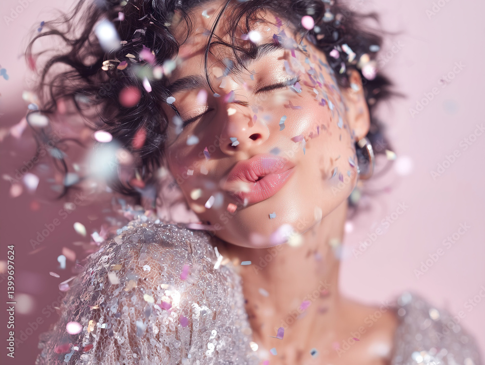 Celebration concept with cheerful woman on pink studio background blowing confetti.