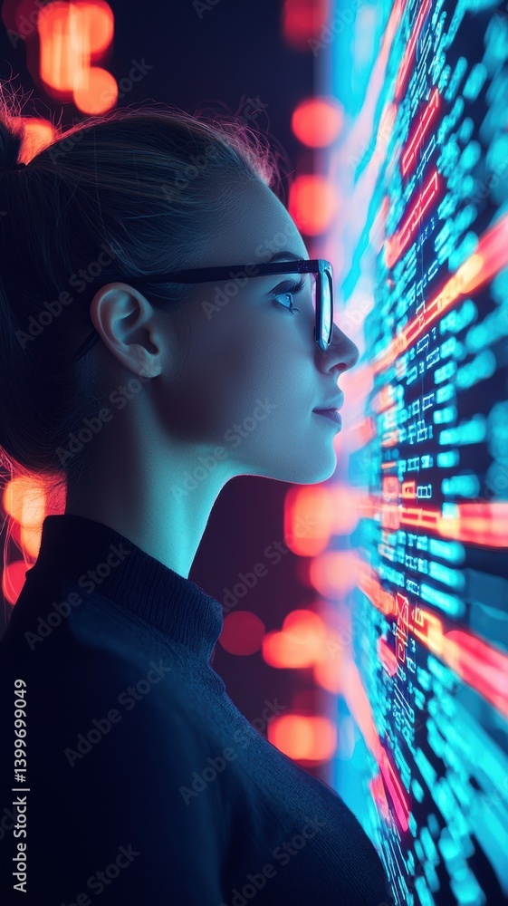 Innovative tech development digital space profile portrait futuristic environment side view digital interface Innovative tech development digital space profile portrait futuristic environment side view digital interface