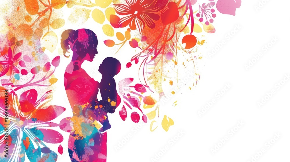 Fototapeta premium A silhouette of a mother holding a baby, surrounded by colorful flowers and leaves in full bloom