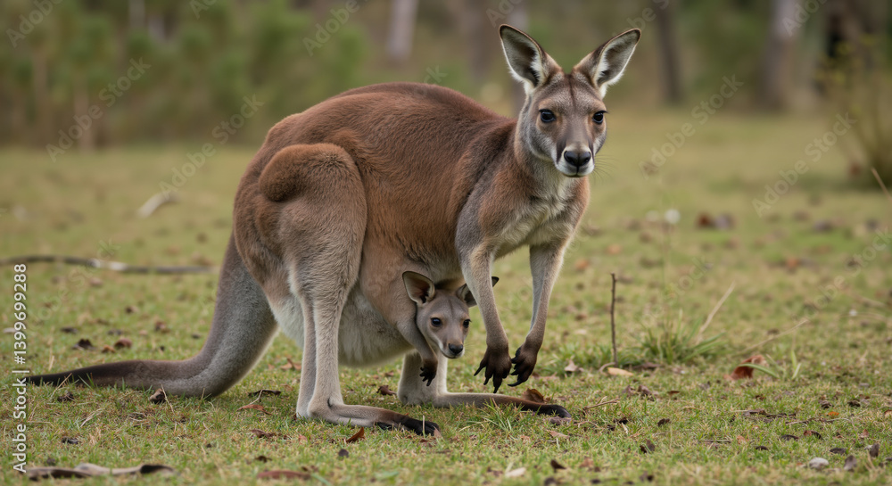 Mother kangaroo with joey peeking from pouch on grassy field. Wildlife family portrait for conservation awareness, maternal bond education and marsupial protection campaigns Mother kangaroo with joey peeking from pouch on grassy field. Wildlife family portrait for conservation awareness, maternal bond education and marsupial protection campaigns