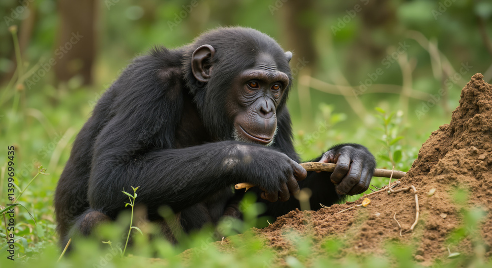Chimpanzee using wooden stick as tool near termite mound in forest. Primate demonstrating tool usage for animal intelligence studies and wildlife conservation awareness Chimpanzee using wooden stick as tool near termite mound in forest. Primate demonstrating tool usage for animal intelligence studies and wildlife conservation awareness