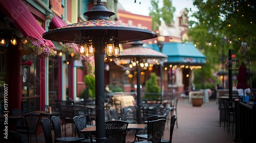 Outdoor patio dining area with colorful umbrellas and warm lighting