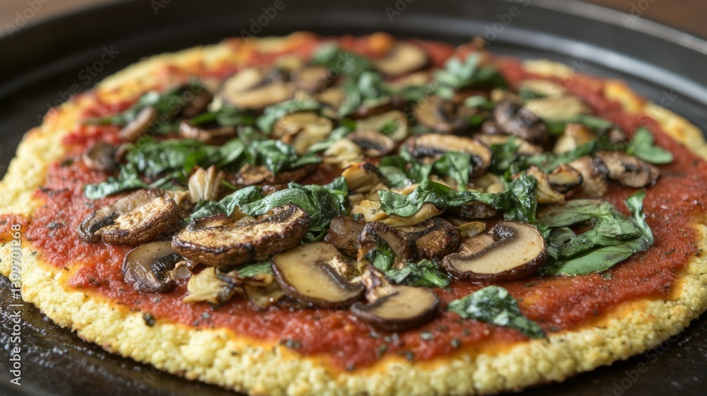 A vegan pizza made on a cauliflower crust presents a unique appearance. Topped with a bright rich tomato sauce and a blend of sautéed mushrooms artichokes and spinach its finished A vegan pizza made on a cauliflower crust presents a unique appearance. Topped with a bright rich tomato sauce and a blend of sautéed mushrooms artichokes and spinach its finished