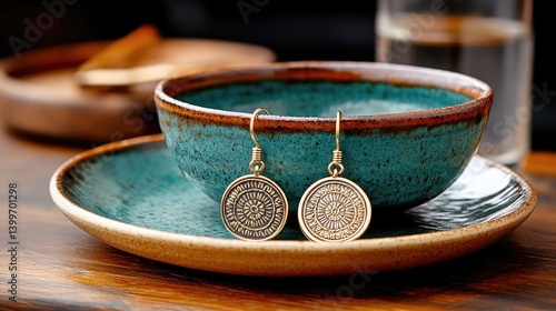 A pair of earrings displayed on a small, handcrafted ceramic plate