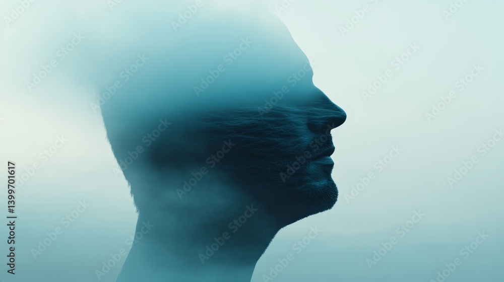 Profile silhouette blended with ocean waves creating a dreamy, surreal atmosphere during twilight Profile silhouette blended with ocean waves creating a dreamy, surreal atmosphere during twilight