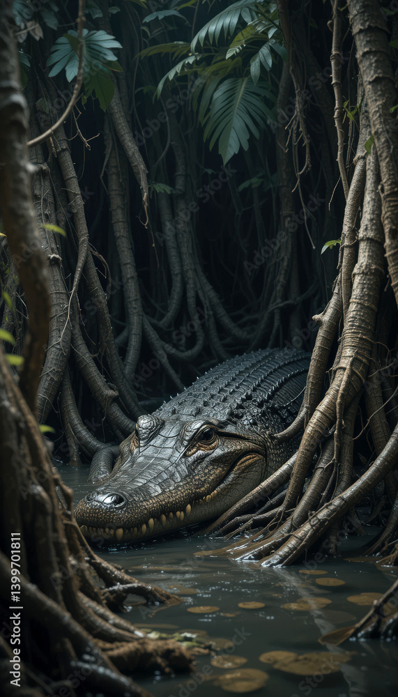 large crocodile rests in dense mangrove swamp, surrounded by twisted roots and lush green foliage, creating mysterious and wild atmosphere large crocodile rests in dense mangrove swamp, surrounded by twisted roots and lush green foliage, creating mysterious and wild atmosphere