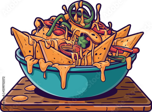s a vibrant and stylized illustration of a heaping bowl of loaded nachos resting on a wooden board. 