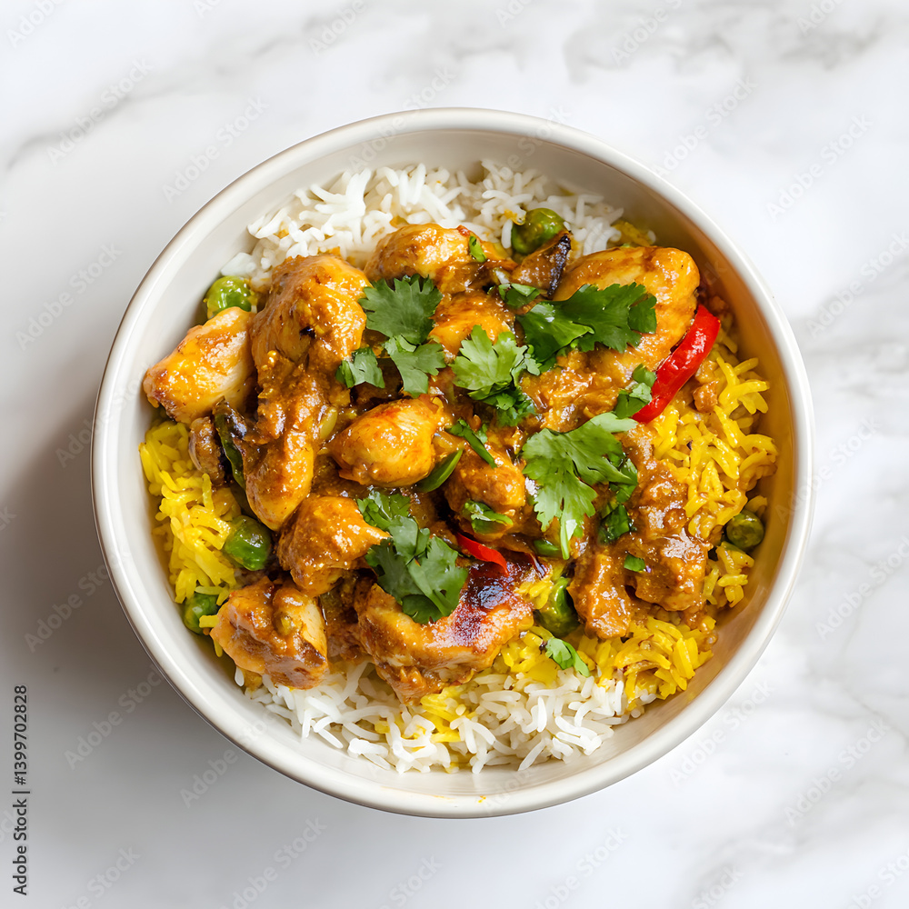 Delicious chicken curry with rice home kitchen food photography cozy atmosphere close-up shot Delicious chicken curry with rice home kitchen food photography cozy atmosphere close-up shot