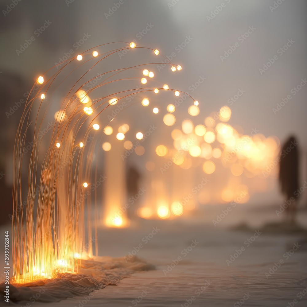Obraz premium Illuminated Grass Decor Warm Lights Bokeh Background Festive Decor Modern Art Ambient
