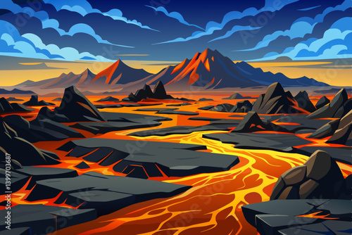 windswept volcanic plain, scattered with sharp black lava rocks, The landscape is rich in contrast between dark ground and glowing amber highlights from low sunlight