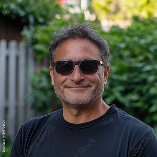 A portrait of an average man in his fifties. He has short dark hair with gray highlights and sunglasses on top, wearing a plain black t-shirt, standing outdoors near some greenery.