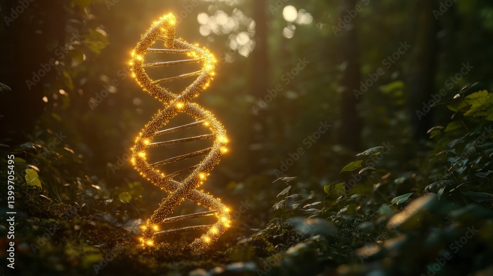 Obraz premium Glowing DNA Helix in a Mystical Forest at Dawn