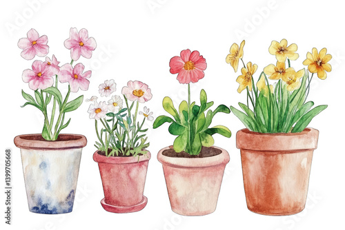 Fototapeta Naklejka Na Ścianę i Meble -  a watercolor illustration of four flower pots each containing different blooming flowers showcasing a vibrant and cheerful arrangement of nature