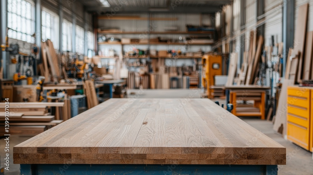 A spacious wood workshop featuring a large wooden workbench, surrounded by tools and materials, creating a productive environment for craftsmanship. A spacious wood workshop featuring a large wooden workbench, surrounded by tools and materials, creating a productive environment for craftsmanship.