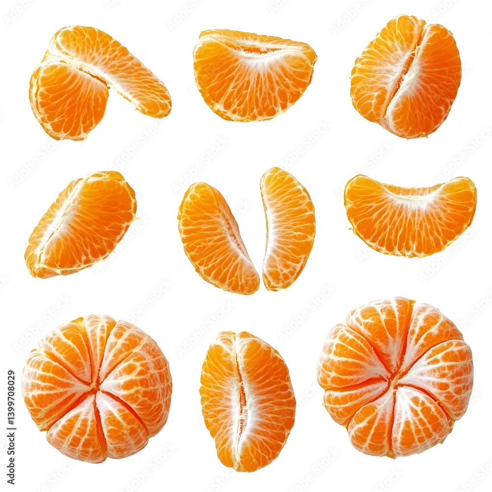 Mandarin orange segments and whole fruit isolated on black background Mandarin orange segments and whole fruit isolated on black background