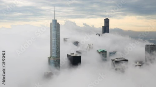 Chicago downtown buildings in heavy fog aerial