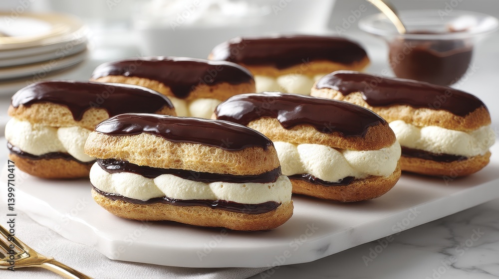 Exquisite miniature ?clairs, filled with pastry cream and topped with chocolate ganache - exquisite individual close-up Exquisite miniature ?clairs, filled with pastry cream and topped with chocolate ganache - exquisite individual close-up