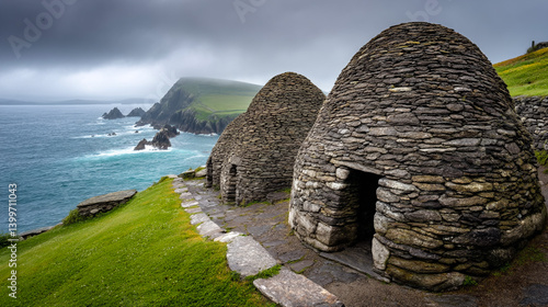 Close View of Ancient Monastic Beehive Stone Huts Settlement