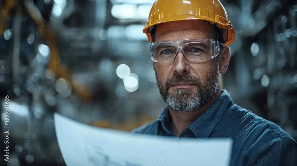 Focused Engineer Reviewing Plans in Industrial Setting Focused Engineer Reviewing Plans in Industrial Setting