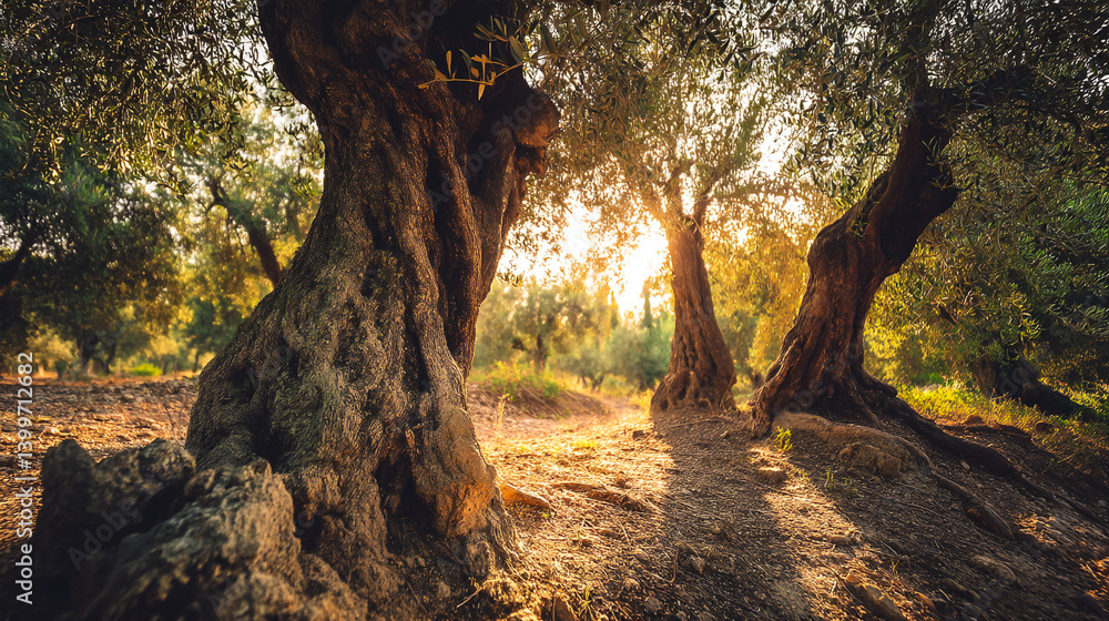 Fototapeta premium Solitary Walker Among Ancient Olive Trees in Golden Evening Light