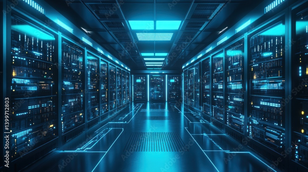 Futuristic server room illuminated by vibrant blue light, showcasing advanced technology and data centers Futuristic server room illuminated by vibrant blue light, showcasing advanced technology and data centers