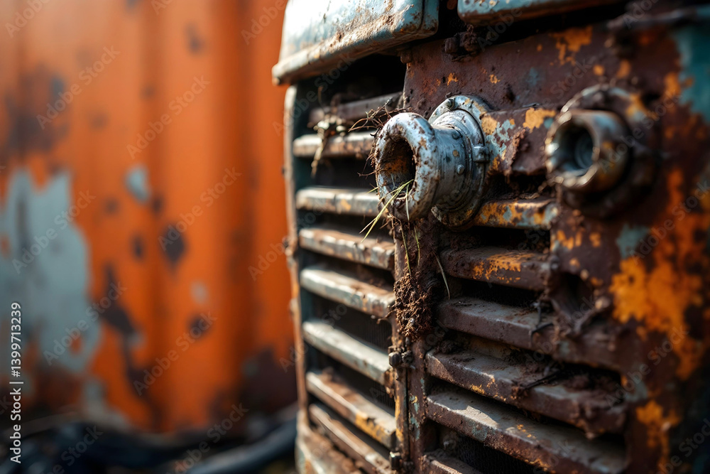 Old Rusty Car Grille with Chain on Orange Industrial Background Old Rusty Car Grille with Chain on Orange Industrial Background