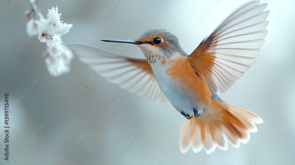 Fototapeta premium Hummingbird in Flight Near Snowy Blossom