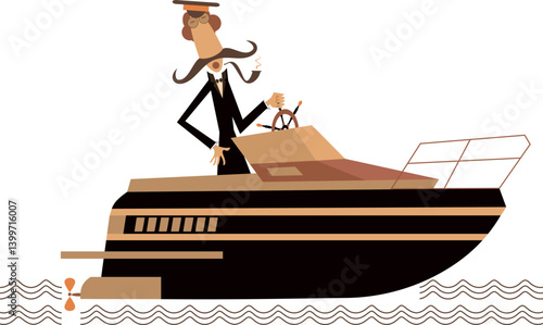 Cartoon captain with a pipe rides a boat. 
The ship. Brave captain rides a boat and smokes a pipe
