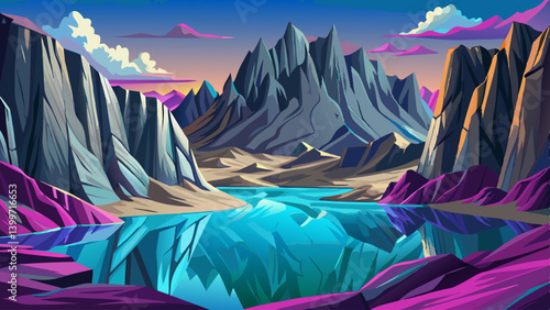 Dry Alpine lake surrounded by massive grey cliffs and jagged rock faces, The water is still and reflects vivid hues of sky blue and mountain purple