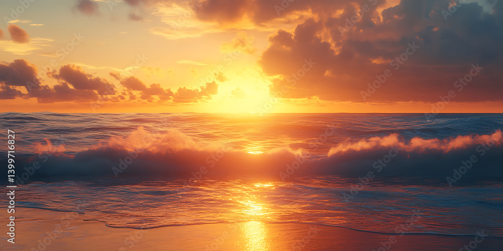 Fototapeta premium Sunrise Over Calm Ocean Wallpaper Background for Travel Branding, Wellness Promotion, or Seaside Design Projects