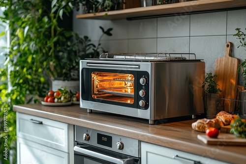 A toaster oven on a kitchen counter with ample space for text on the right
