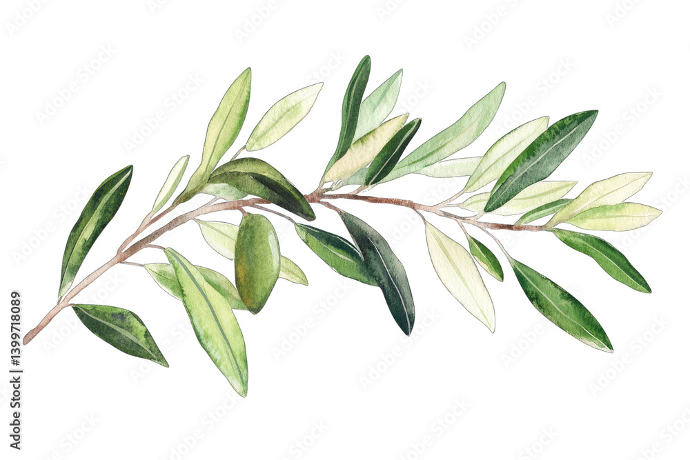 Fototapeta premium a watercolor illustration of an olive branch featuring various shades of green leaves showcasing a natural and artistic representation of plant life