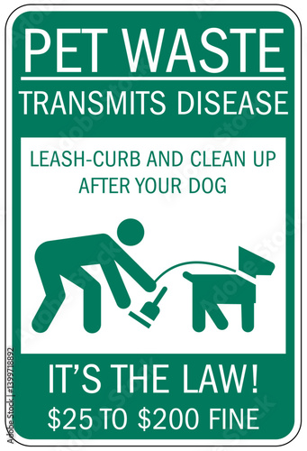 Dog poop sign pet waste transmit disease. Leash curb and clean up after your dog