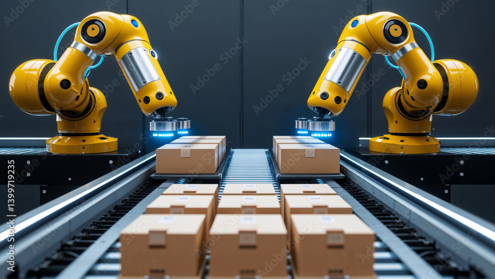 Fototapeta premium Robotic arms precisely sorting packages on a conveyor belt, symbolizing automation in production.