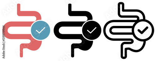 intestine icon with check mark, simple flat style, illustration, logo sign symbol pictogram template, for ui or ux isolated on white for mobile app, editable