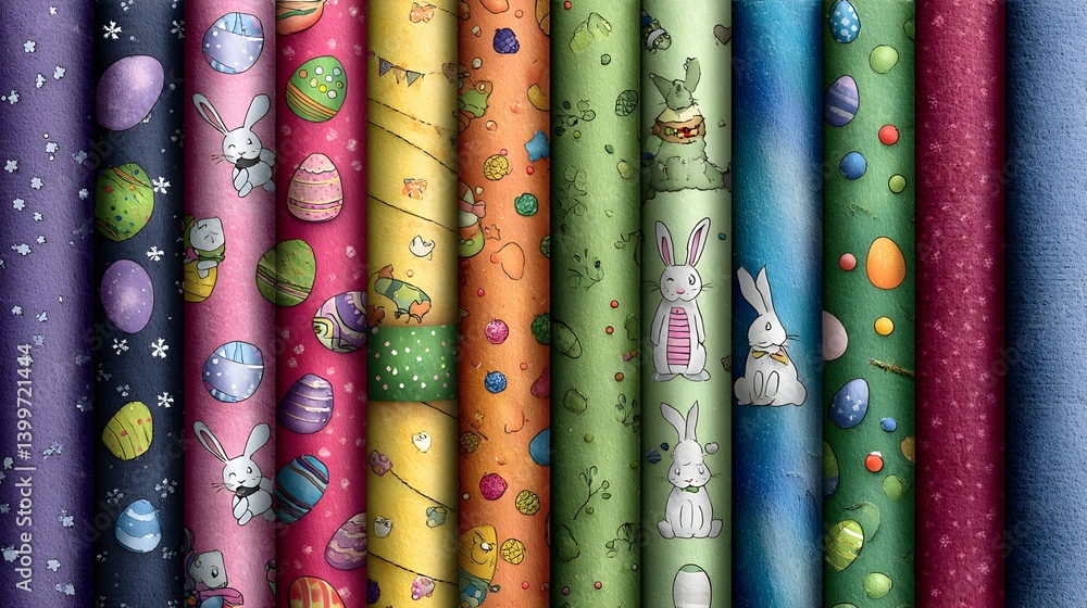 A collection of colorful Easter-themed fabric rolls featu bunnies, eggs, and sptime designs perfect for crafting projects. A collection of colorful Easter-themed fabric rolls featu bunnies, eggs, and sptime designs perfect for crafting projects.