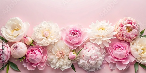 Fototapeta Naklejka Na Ścianę i Meble -  Pastel Pink Peony Flower Banner, Soft White Pink Peonies, Floral Background, Food Photography, Spring Flowers, Empty Space, Top View