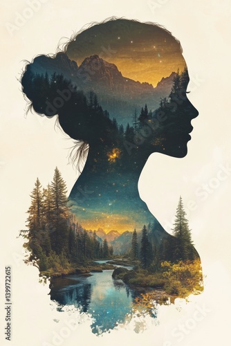 Fantasievolle Landschaft im Profil einer Frau