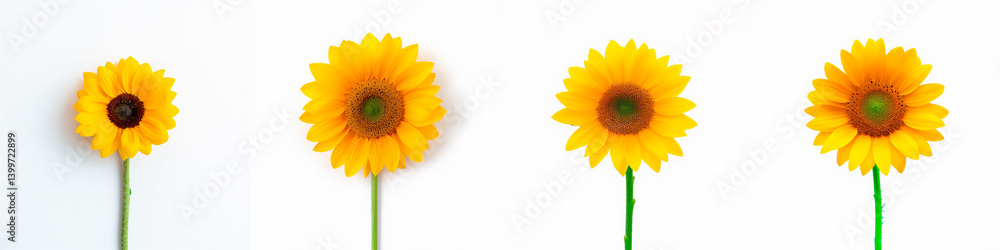 Obraz premium Beautiful Sunflower Collection Row White Background Bright Yellow Flowers Green Stems Minimal Nature Photography Banner Design Elements
