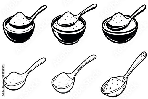 Collection of Six Illustrations Showing Spoons vector illustration with Powder in Bowls and Spoons