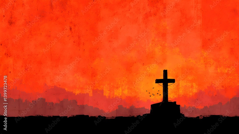 Obraz premium A solitary cross stands silhouetted against a fiery red sunset sky above a dark landscape symbolizing faith and sacrifice.