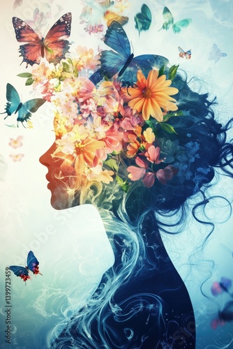 Frau mit leuchtenden Blumen im Profil