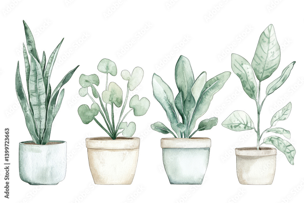 Obraz premium a watercolor illustration showcasing four potted plants each with distinct shapes and shades of green emphasizing a serene and natural aesthetic