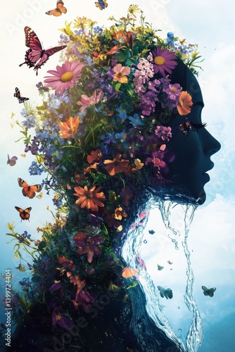 Fantastische Blumenkomposition im Frauenkopf