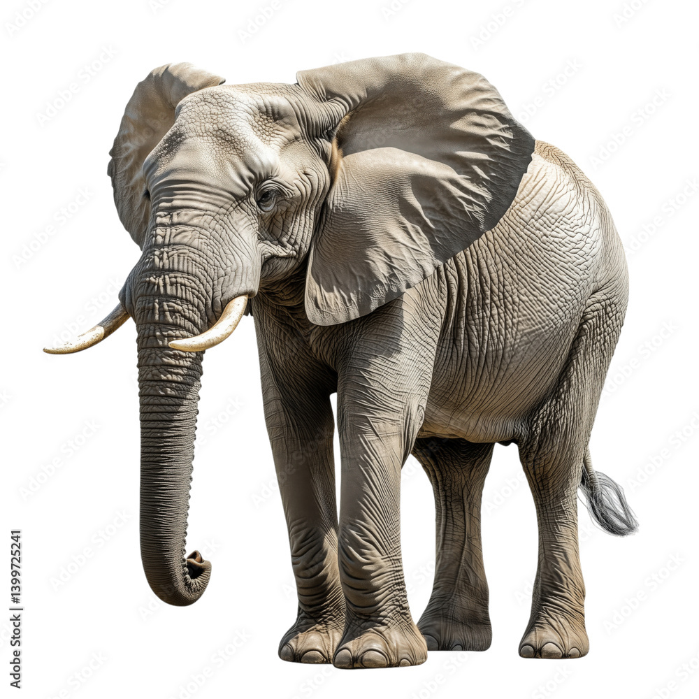 Obraz premium a majestic elephant with large tusks, isolated on white background, ideal for educational and design use.