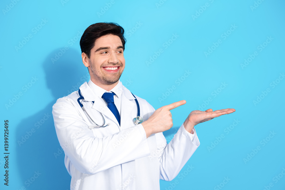 Smiling doctor gesturing confidently in a medical uniform against a bright blue background suggesting healthcare professionalism Smiling doctor gesturing confidently in a medical uniform against a bright blue background suggesting healthcare professionalism