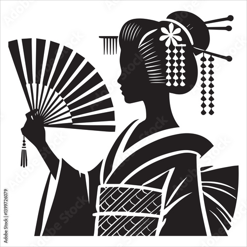 graceful geisha in traditional attire, adorned with flowers and hairpins, holding a decorative fan sketch engraving
