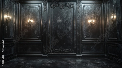 Dark ornate room with lit sconces and weathered paneling