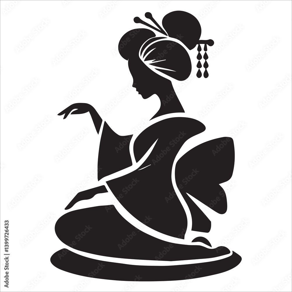 Geisha engraving black and white outline. Scratch board imitation. illustrated in vintage line art style on a white background. Geisha engraving black and white outline. Scratch board imitation. illustrated in vintage line art style on a white background.